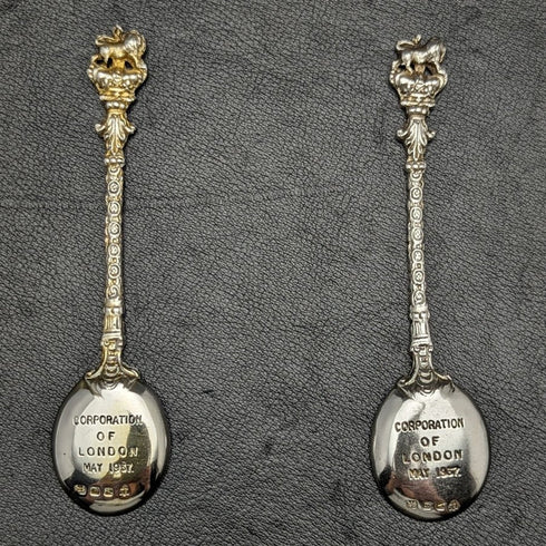1937 年英國復古純銀(925 銀)喬治六世加冕勺子一對 Barnard & Sons